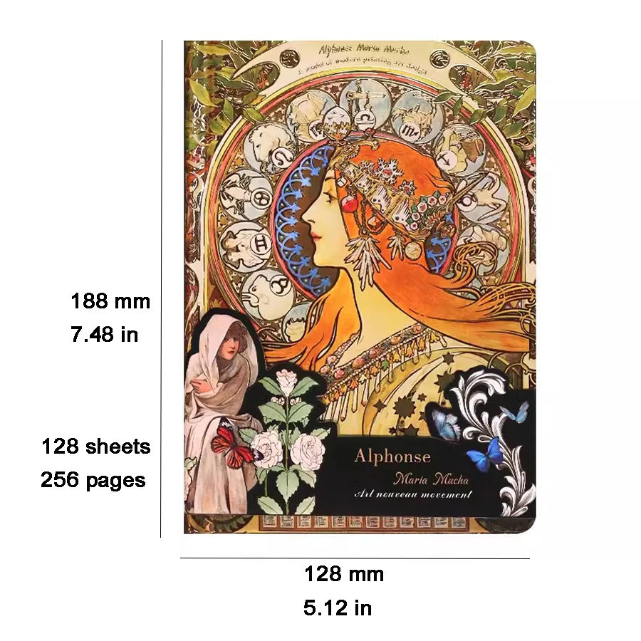 Mucha\'s Famous Painting Series Retro Hardcover Notebooks Classic Design Color Page Illustration B6 Diary Student Notepad