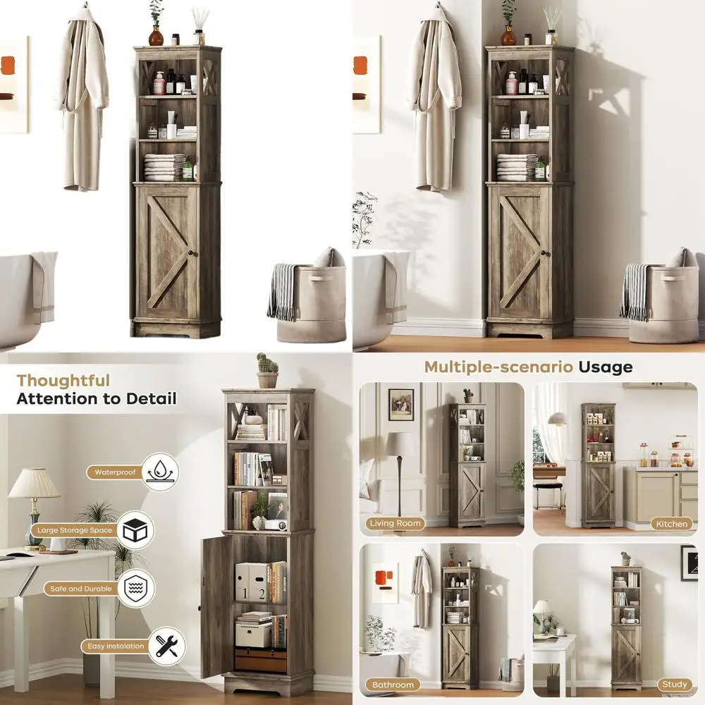 

60.9 Tall Corner Wooden Storage Cabinet with Door & Adjustable Shelves, Grey Farmhouse Style Organizer for Kitchen & Entryway