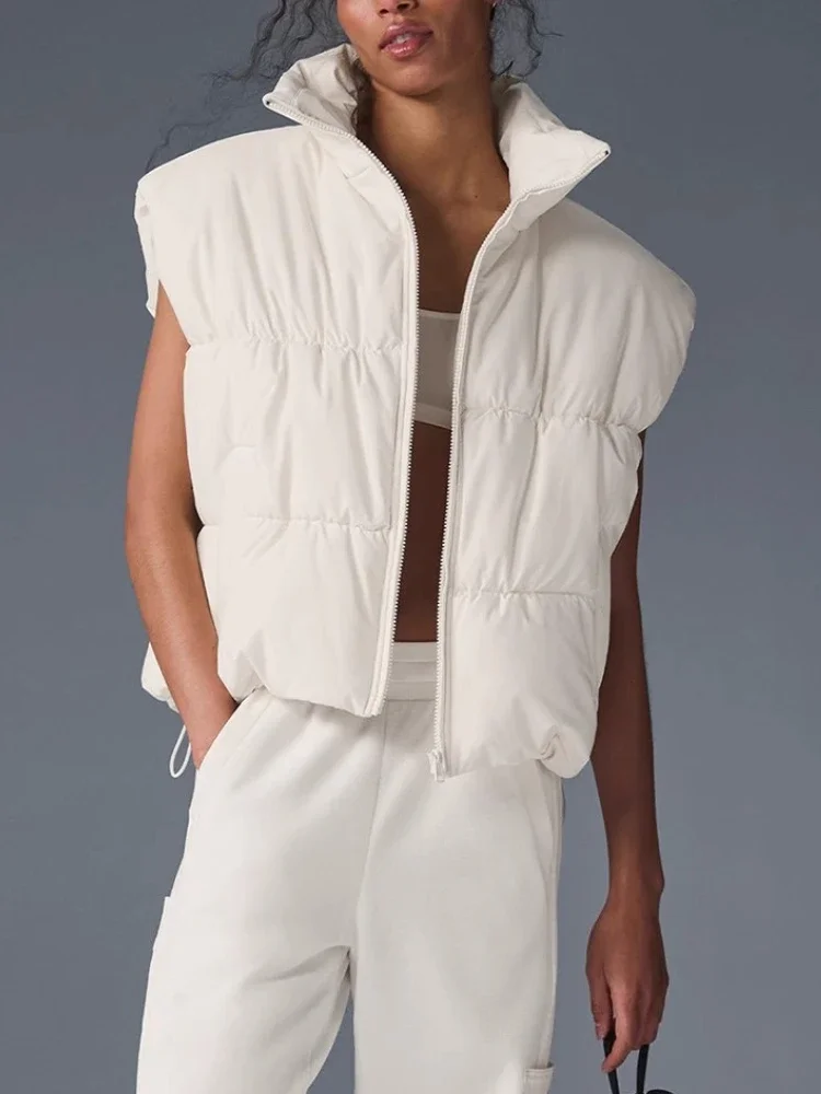 الوقوف طوق بلا أكمام المرأة سترة الشتاء الأسود الرباط الخصر Cinching صدرية المرأة فضفاضة رشاقته سترة دافئة للنساء #2