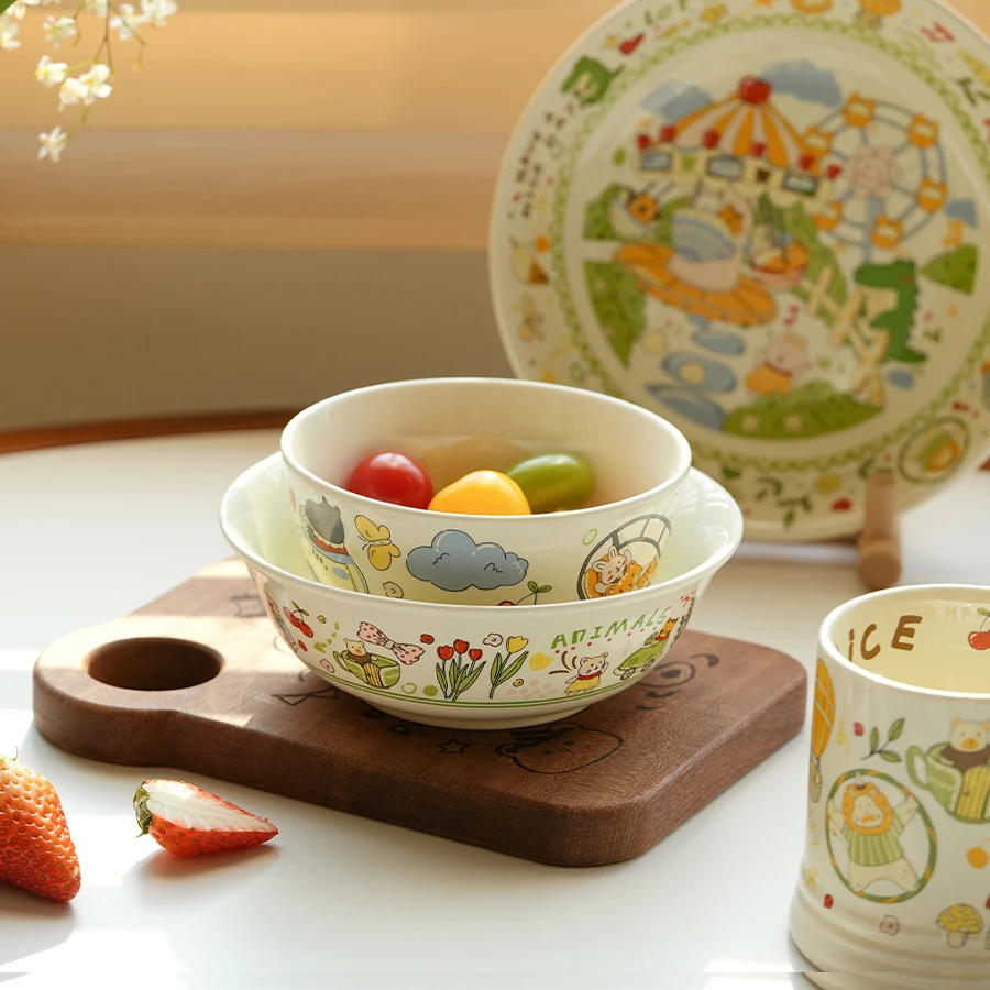 Ceramic 5 Inch Rice Bowls Cute Cartoon Ins Popular Spring 6.5inch Bowl 8inch Deep Plates French Style Mugs 350ml Home Drinkware