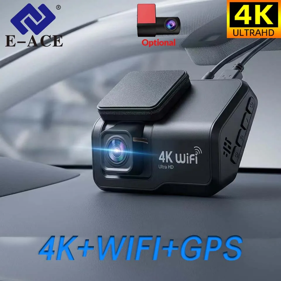 E-ACE 4K Dashcam mit WLAN und GPS, optional mit 1080P-Rückfahrkamera, als „Black Box“ für 24-Stunden-Parkmodus, Zeitraffer-Aufnahmen und Kollisionserkennung.