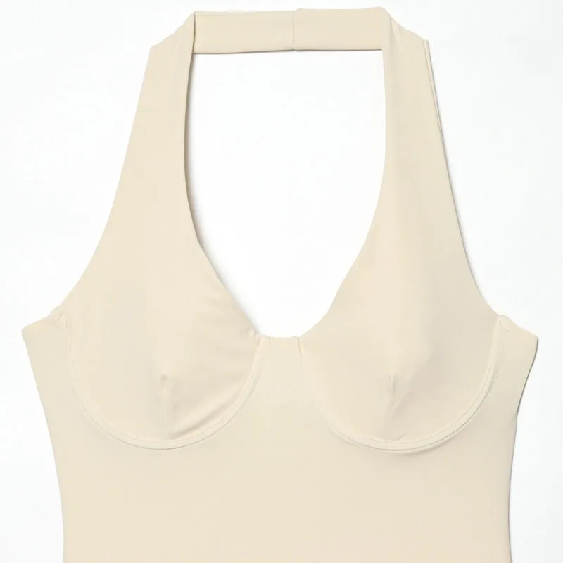 HXAO Halter-Top für Damen, Sommerliches Ärmelloses Crop-Top, Rückenfreies Bustier-Oberteil in Beige und Schwarz, Schulterfreies Korsett – Detail 4
