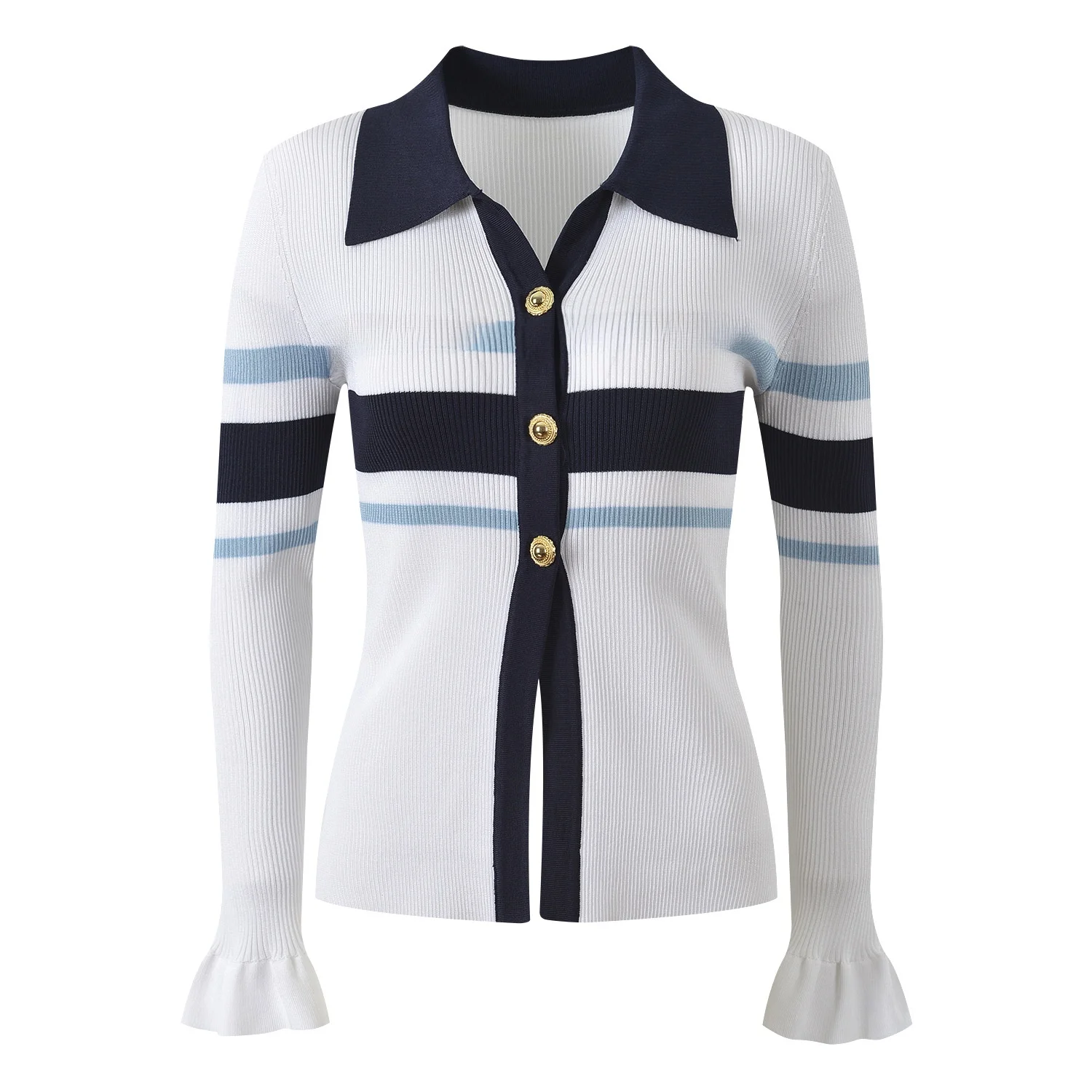 

Элегантный женский свитер с воротником-стойкой и рукавами-колокол, приталенный, в полоску, для офиса, весна-лето, новинка