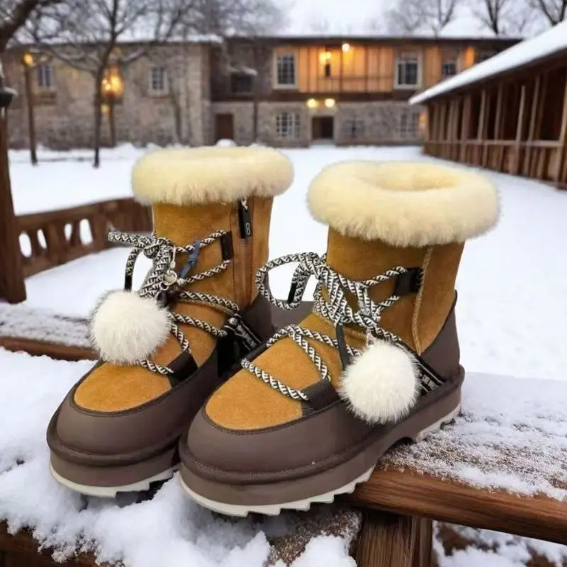 

Women Plush Warm Snow Boots Fashion Ankle Boots With Fur Thick Sole Non-slip Sports Shoes Lace Up Decorate Hort-tube Bread Shoes