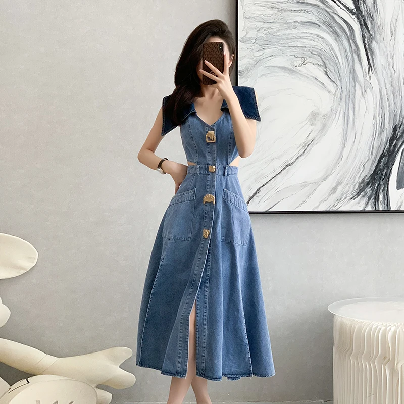 New Autumn Hit Color Big Lapel Denim Dress Fashion Women Sleeveless Pockets Sexy Hollow Out Waist Golden Button Split Midi Dress