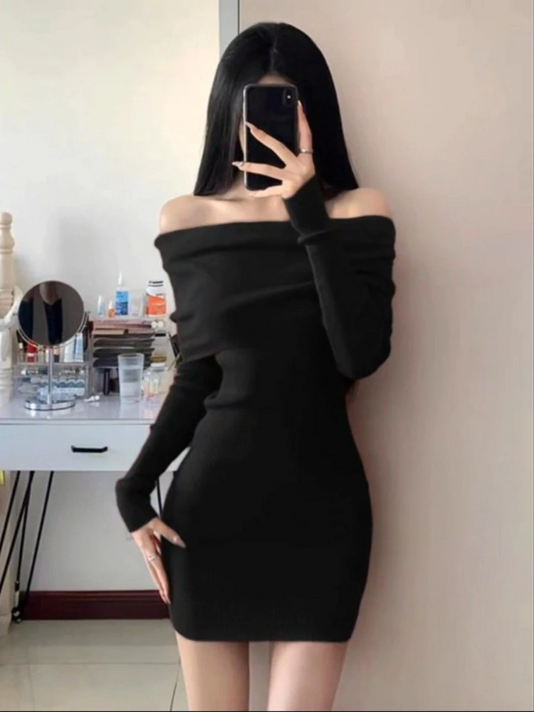 One Shoulder Women's Crochet Dresses Elegant High Quality Trend Retro Fashion Korean Clearance Sale Prom Party Female Knit Dress