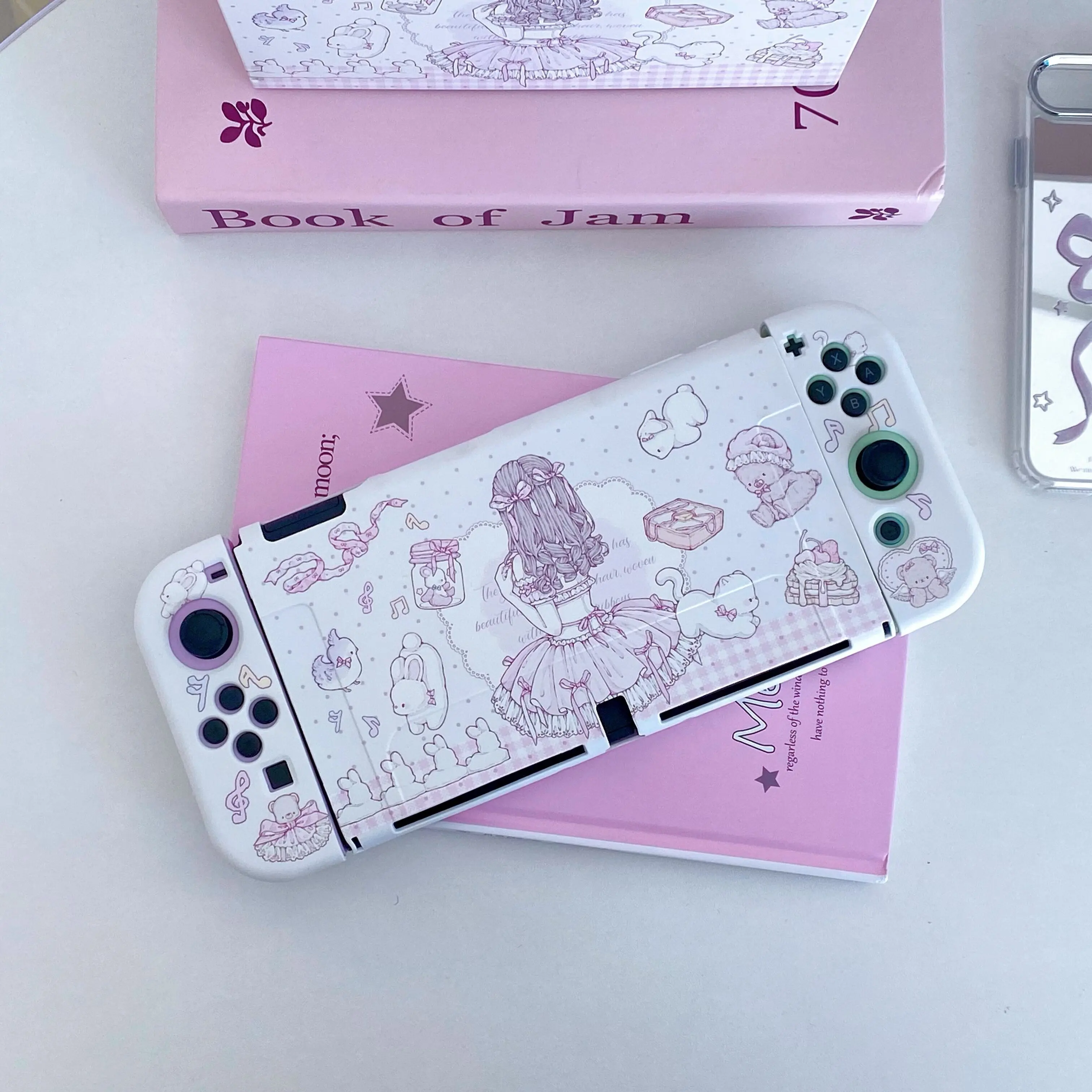 حافظة لجهاز نينتندو سويتش Oled Funda غطاء حماية قابل للإرساء Kawaii Anime Girl مع ملحقات Switch من مادة البولي يوريثان JoyCon
