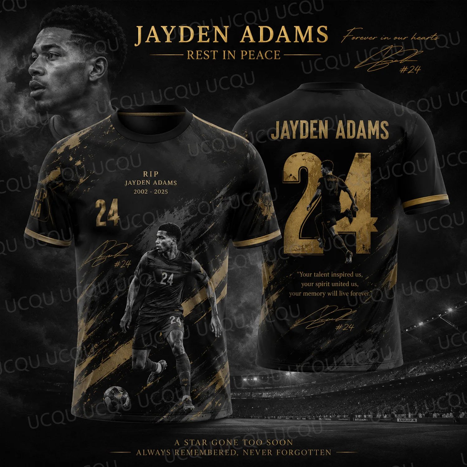 Jayden Adams RIP Memorial Soccer Jersey Forever Remembered Tribute Fan Shirt Black Gold Commemorative Edition No 24 Gift