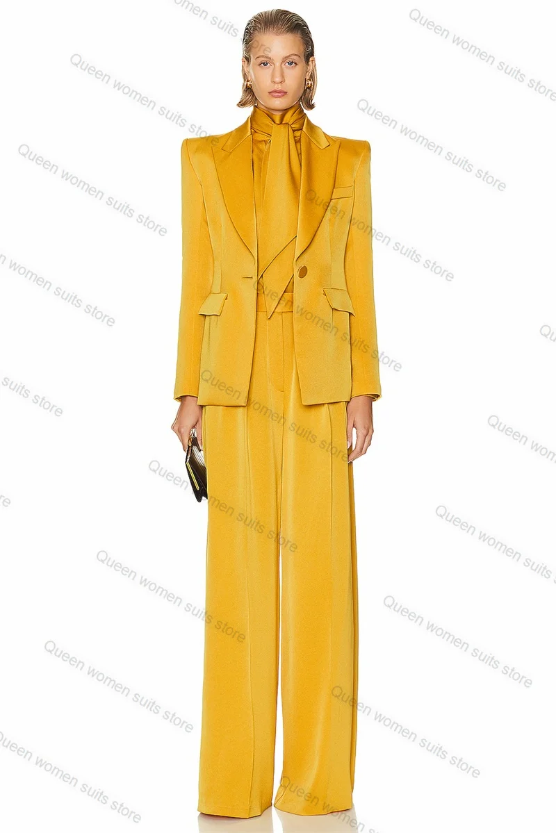 Yellow Formal Women Suit Set 2 Piece Blazer+Pants Satin Lapel Office Business Lady Jacket One Button Coat Customized Prom Outfit