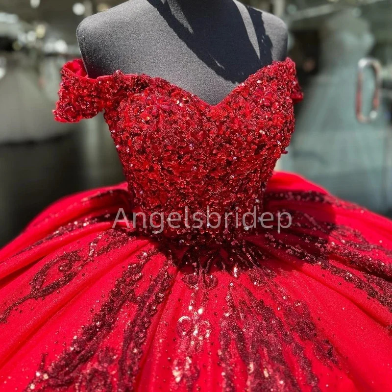 Angelsbride Customized Red Sparkly Tulle Sequined Beaded Sweet 16 Dress Vestido De 15 QuinceaƱera Ball Gown Quinnceanera Dresses