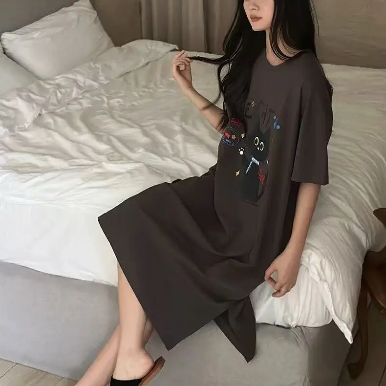 Loose Short Sleeve T-Shirt Dress Korean Style Personalized Large Size Hong Kong Style Design Sense Mid-Length Slit Can Be Wor...