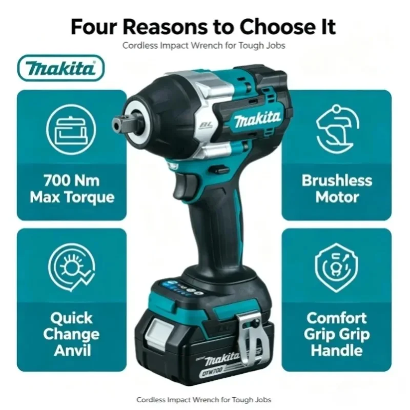 Makita DTW700 1000Nm Akku-Schlagschrauber 18V Bürstenloser Hochdrehmoment-Elektroschrauber Variable Geschwindigkeit Auto-Stopp Batterie-Kit