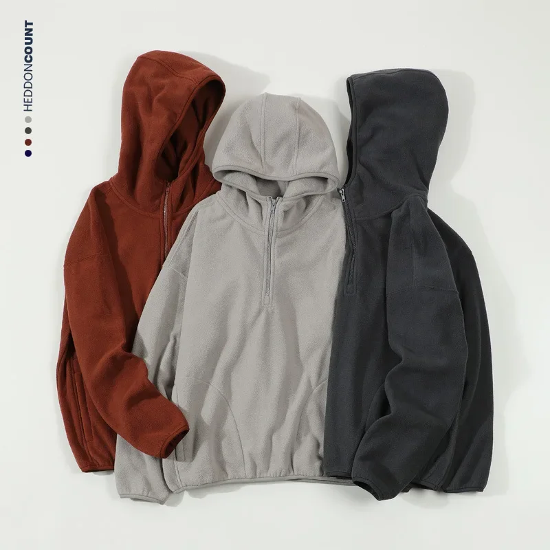Polar fleece hooded sweatshirt with fleece for outdoor warmth, couple's long sleeved sweatshirt for autumn and winter