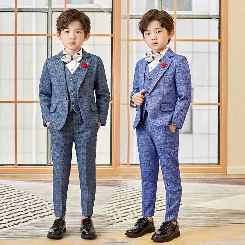 

Boys Slim Fit Suits Casual Wear Thin Children Groomsman Teenager Host Performance Clothes Kids Plaid Blue Genty Party Full Dress