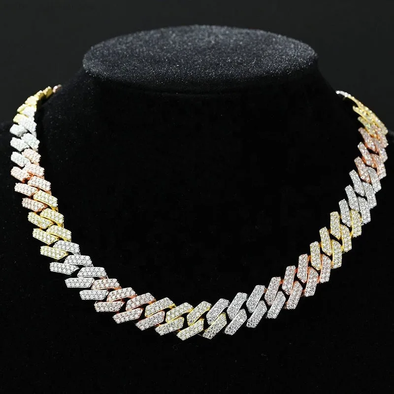 Hiphop New Custom 925 Silver 15mm Width 3 Tone Double Rows Iced Out Moissanite Cuban Link Necklace