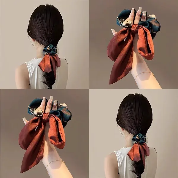 Premium Exquisite Retro Printed Ribbon Personalized Headband Fashionable Drawstring Tied Ponytail Bow Hair Accessories Wholesale