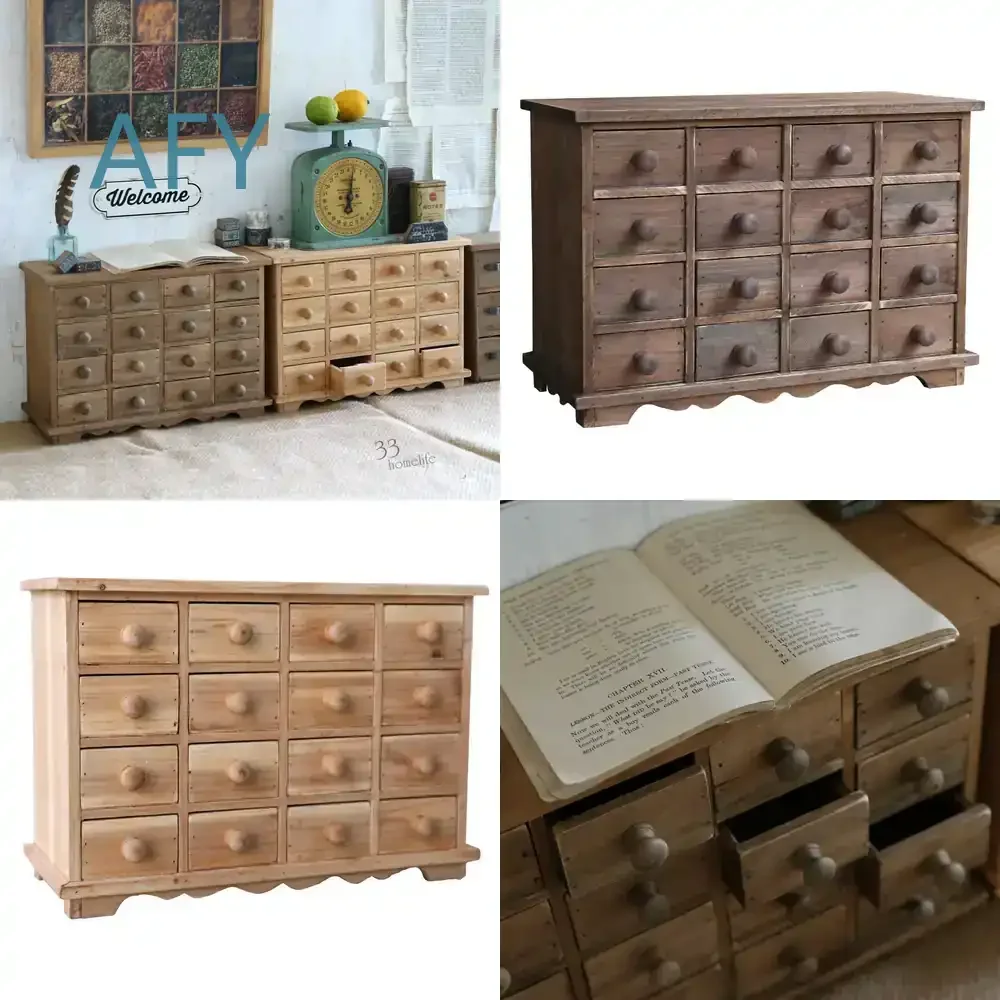 Mini Wooden Cabinets for Country Retro Vintage Wood Furniture 16 Drawers Storage Cabinet for Living Room Bedroom Home Office
