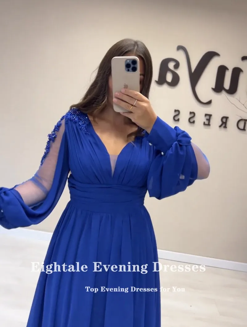 Eightale Royal Blue Evening Dress for Wedding Party V-Neck Lace Customized Long Sleeves Chiffon Plus Size Prom Gown