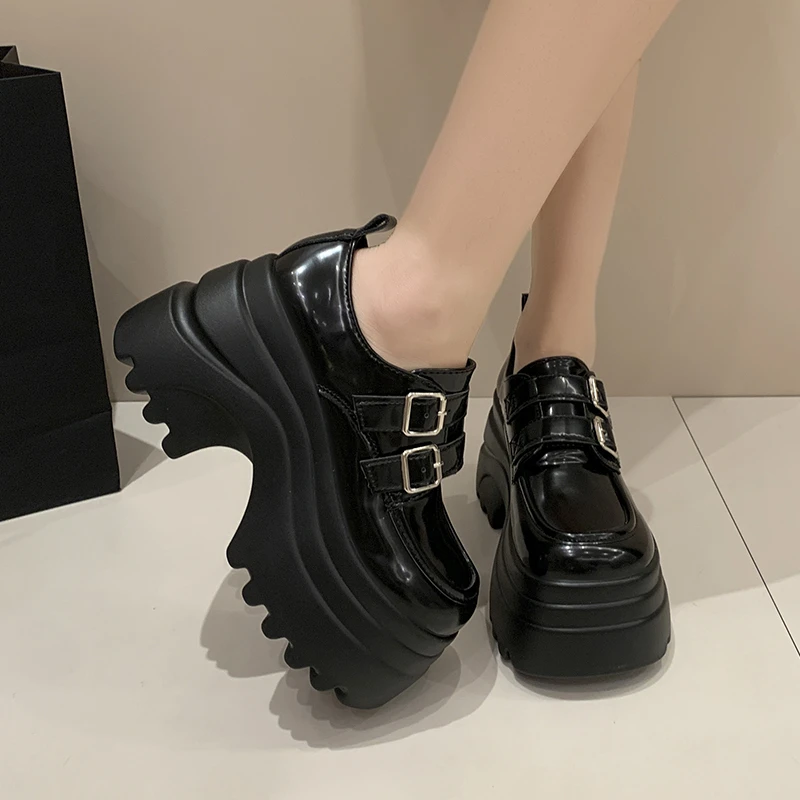 

8cm Platform Loafers for Women Fashion Designer Thick Sole Casual Shoes for Womens Cozy Belt Buckle Leather Mary Jane High Heels