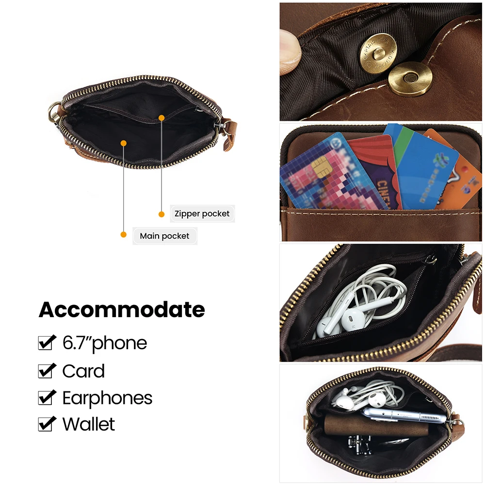 JOGUJOS Vintage Crazy Horse Leather Men\'s Crossbody Bag Genuine Casual Travel Small Messenger Cell Phone Purse Shoulder Bag