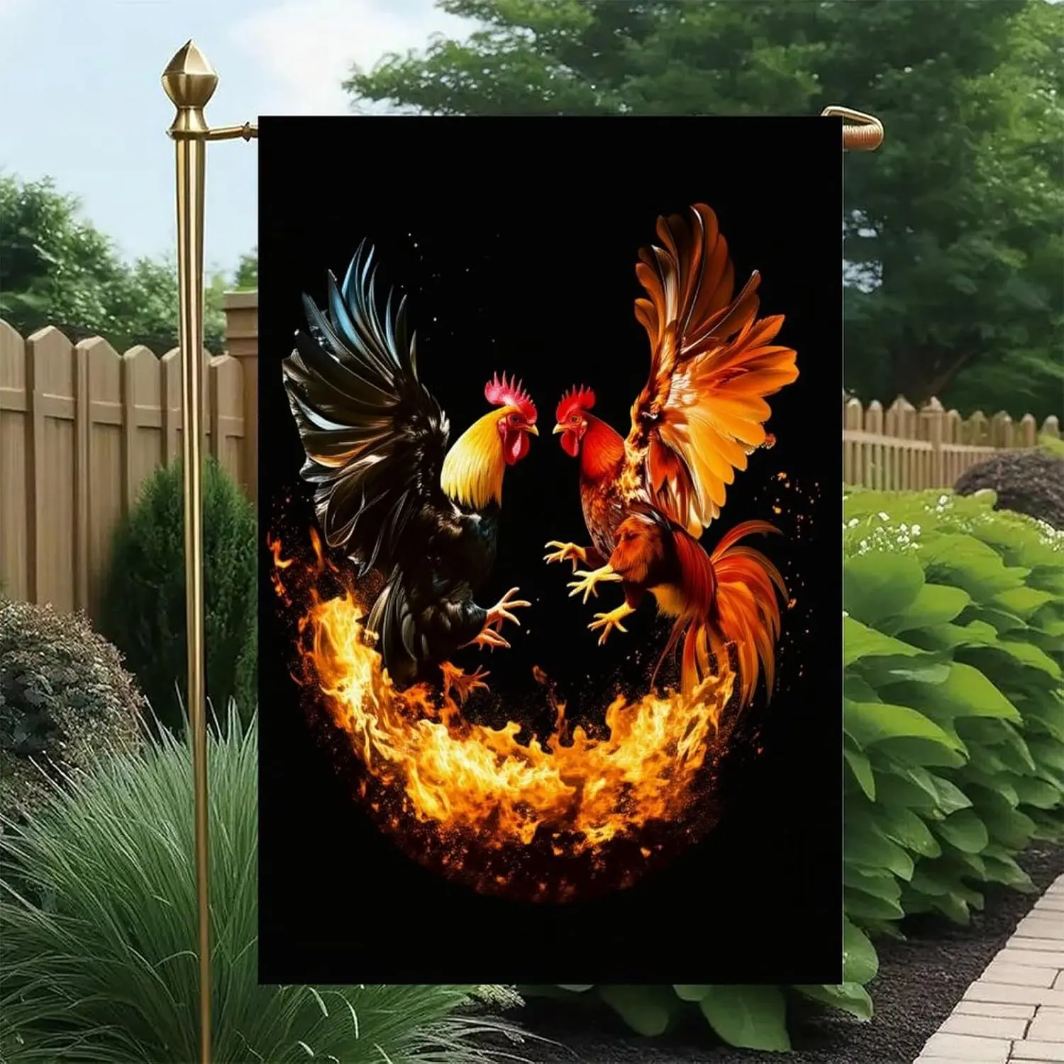 Dramatic Roosters Fighting Garden Flag Double Sided Outside Vertical Rustic Farmland Burlap Yard Lawn Outdoor Decor 12x18 In AAS