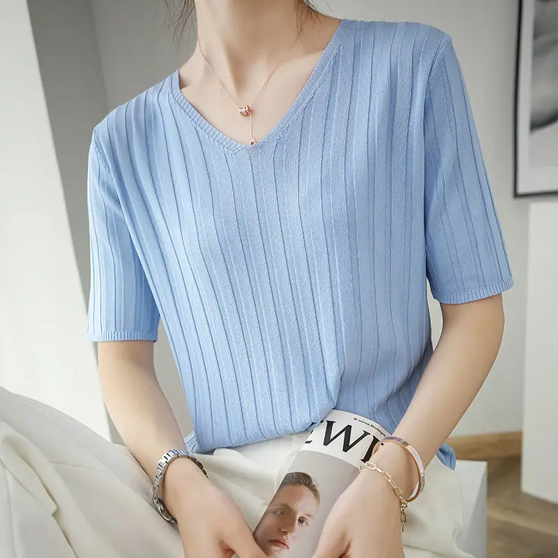 Knitted T Shirt Women Solid Color V-Neck Ice Silk Knit Short Sleeves T- Korean Womens Clothing Summer Tops Tee  Femme