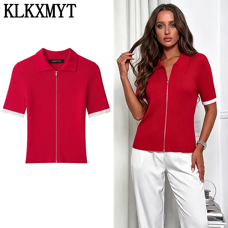 KLKXMYT Damen Mode Gerippter Strick-Cardigan 2026 Neuer Kurzarm-Reißverschluss-Polokragen-Shirt Schlanke Passform Sommer Schicker Cardigan-Oberteil