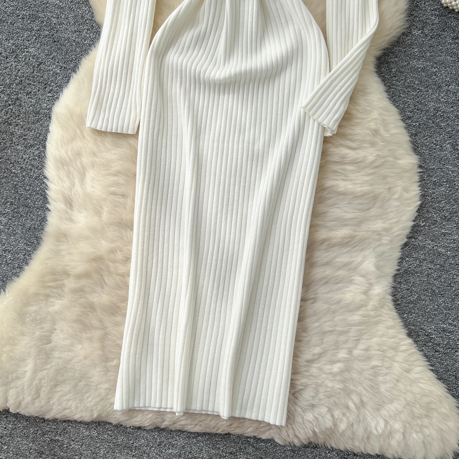 Realeft outono inverno malha frente com decote em v vestido envoltório feminino com cinto manga longa bainha sólida coreano vestido fino feminino