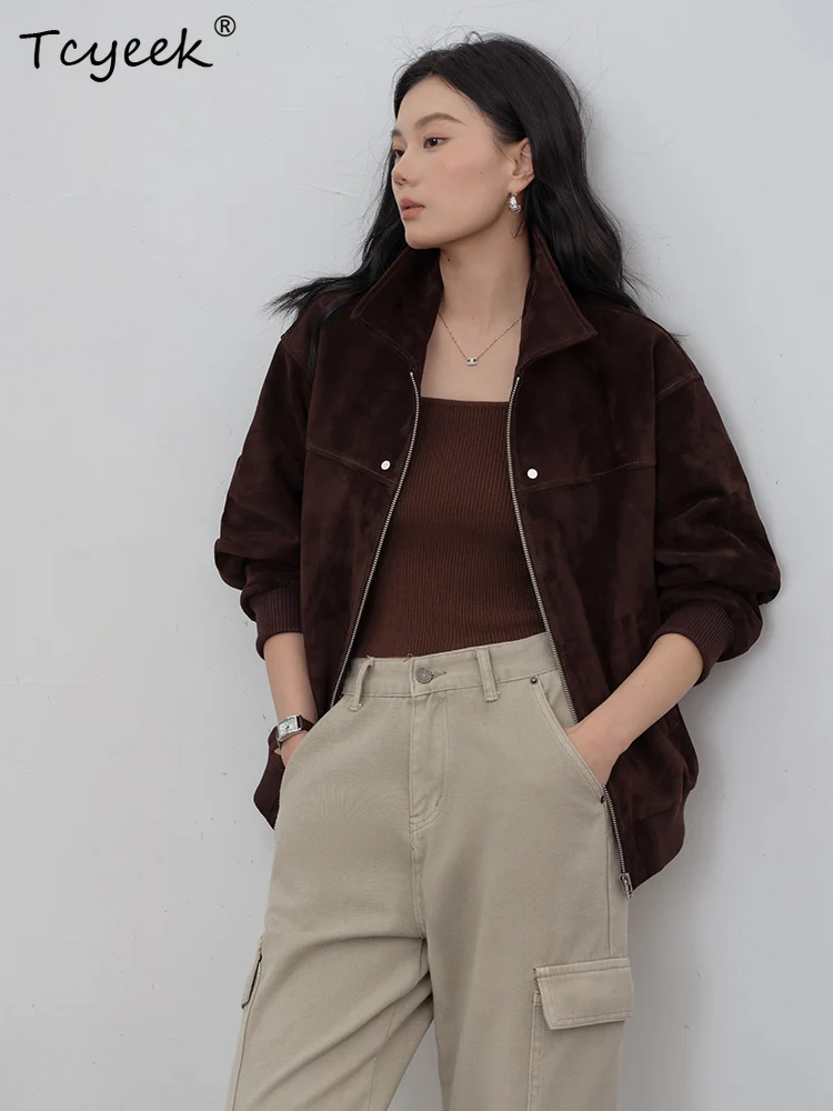 Tcyeek Real Sheepskin Spring Autumn High End Trendy Lapel Suede Brown Women's Genuine Leather Jacket Женская Кожаная Куртка