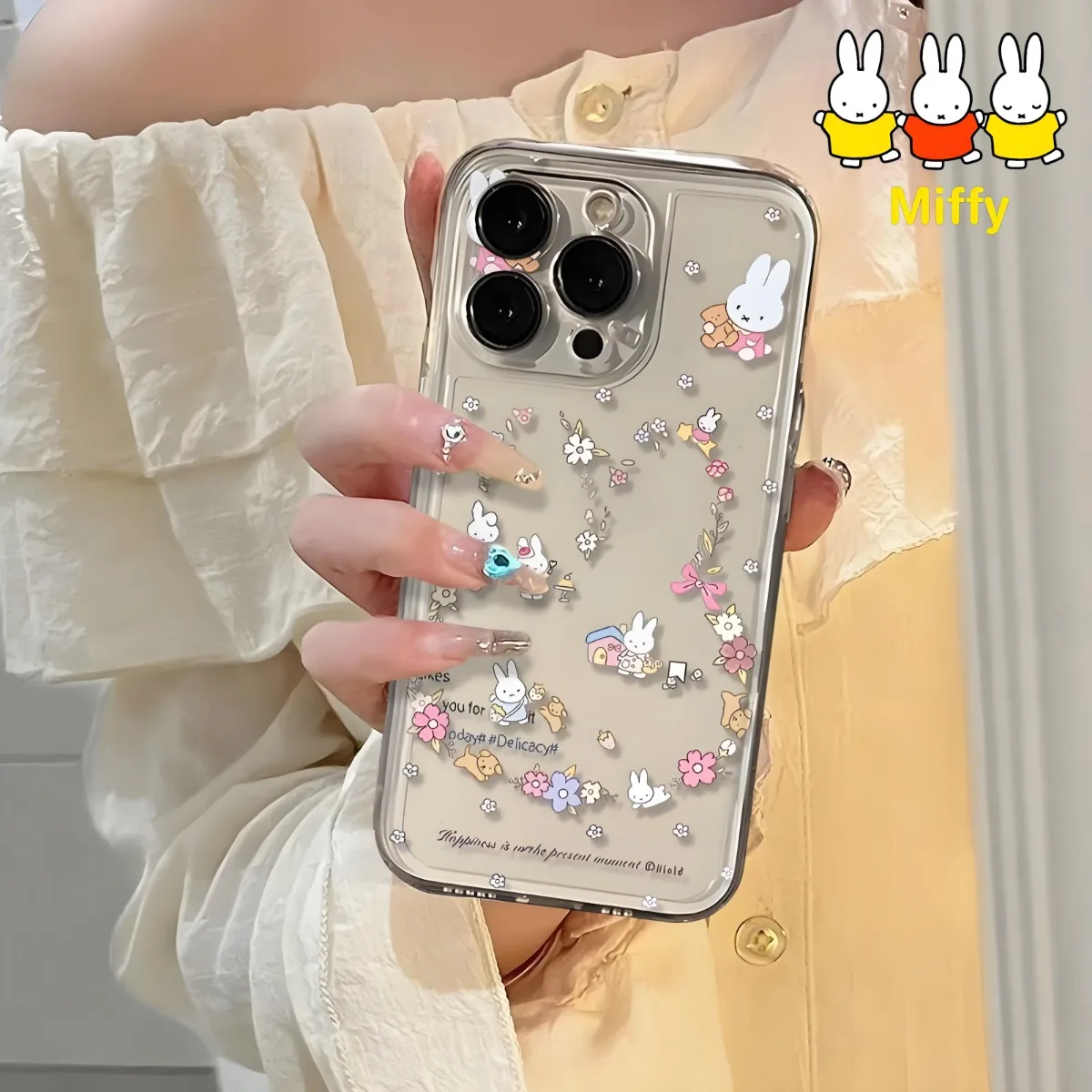 Kawaii Miffy Rabbit Phone Case Cartoon Anime Compatible with The 16Promax 15 New 14ROMAX/13/12/11 Transparent Case