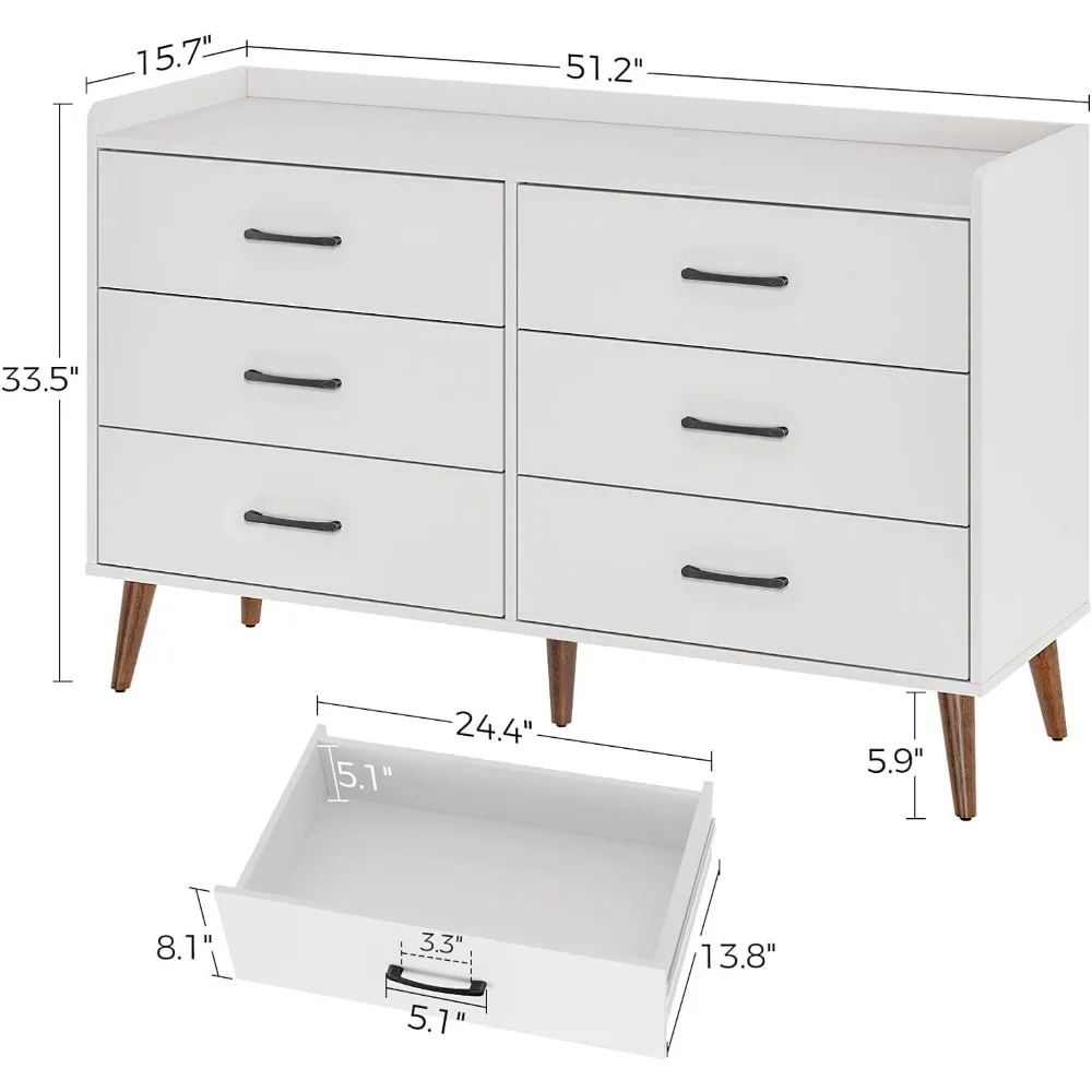 Drawer Dresser Quick Install, 6 Wooden Drawers Storage Dresser with Set of 4 Foldable Drawer Dividers, Modern Chest of Drawer