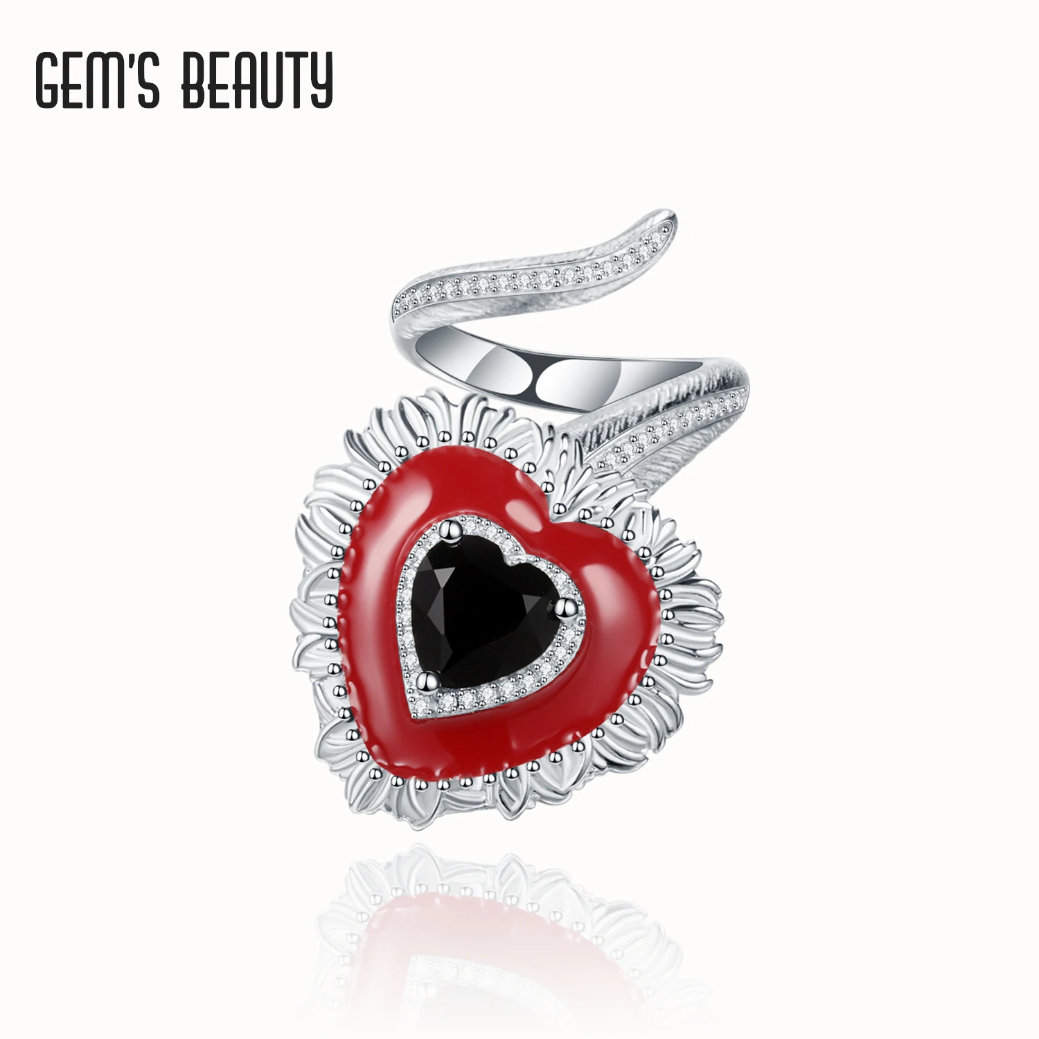 

GEM'S BEAUTY 925 Sterling Silver July Birthstone Rings For Women Natural Heart Cut Black Onyx Handmade Adjustable Open Rings