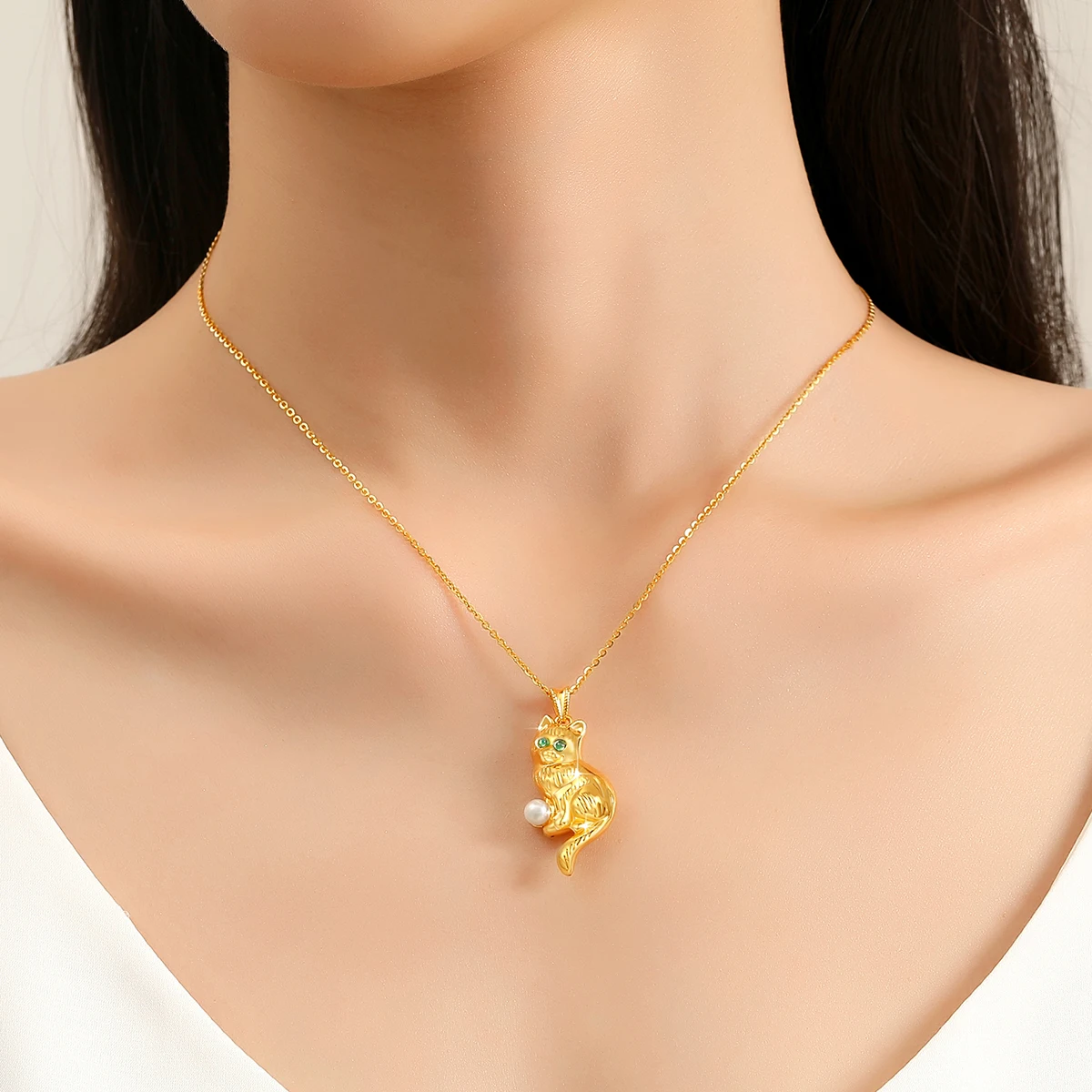 100% Genuine Cat Pendant 18K Gold Pearl Necklace Original Design for Women Anniversary Party Gift Fine Jewelry image 4