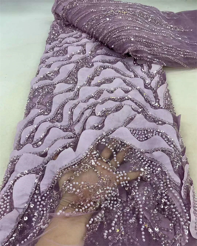 Luxury Nigerian Sequins Lace Fabric 2024 High Quality African Beads Lace Fabrics French For Wedding Party Dress Sewing