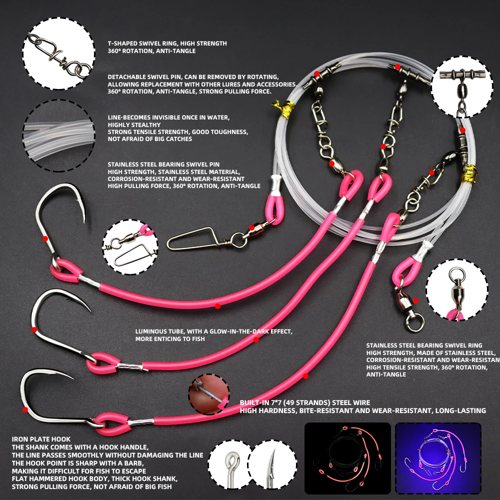 ZYZHE 1/2 Stück Deep Drop Rigs, vorgebundene High-Low-Rigs mit abnehmbaren Stahlhaken, verbindbare Kunstköder-Meeresangelrigs – Detail 3