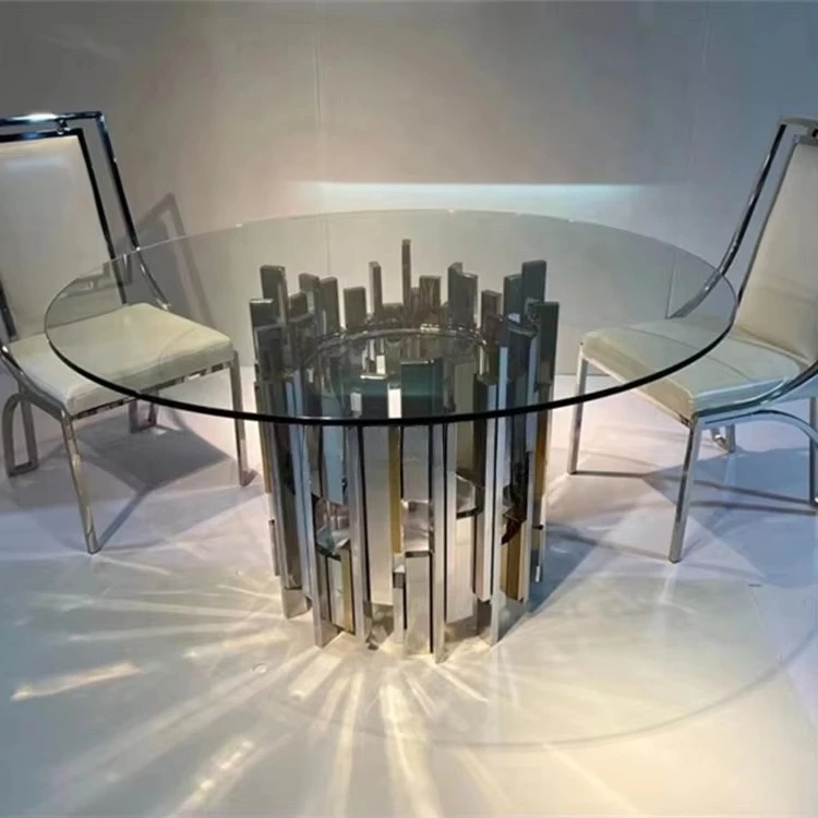 Custom Modern Designer Round Rotating Tempered Glass Dining Table in Chrome Silver Gold Durable and Stylish