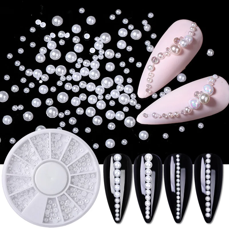 1 Bag Nail Art Rhinestones Half Round Pearl Bead Mixed Size White Half Round Flatback Pearls For DIY Decoration Nail Bead Stones