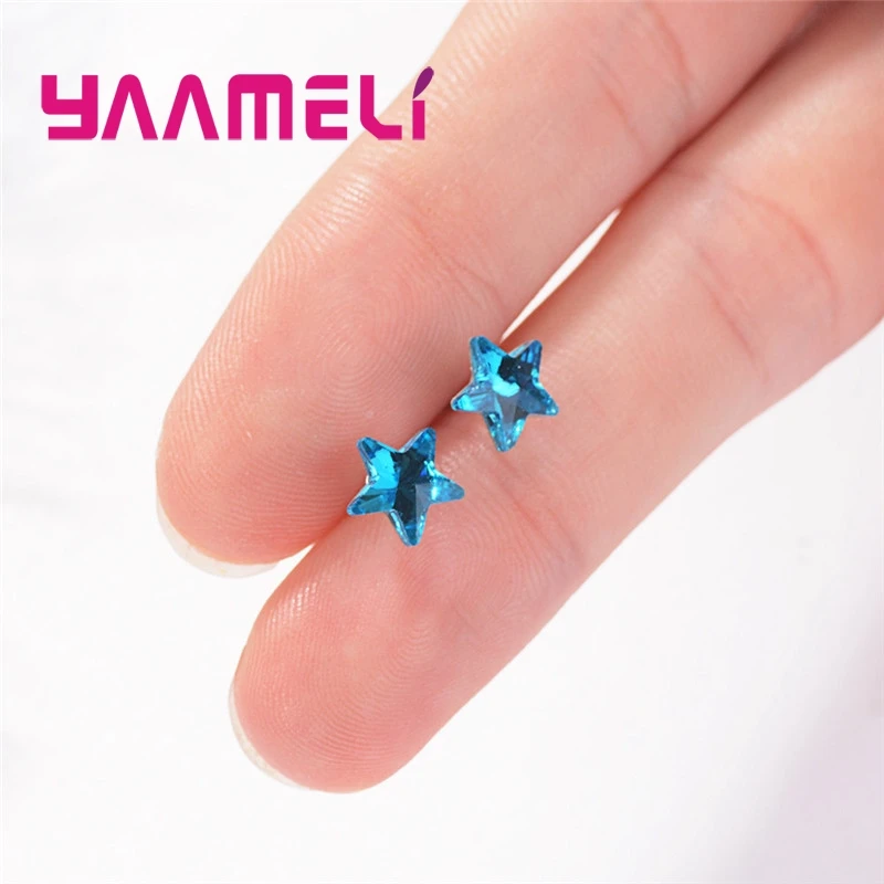 Simple Design Blue Star Shape Stud Earrings For Women Females 925 Sterling Silver Needles Fashion Casual Party Wedding Present