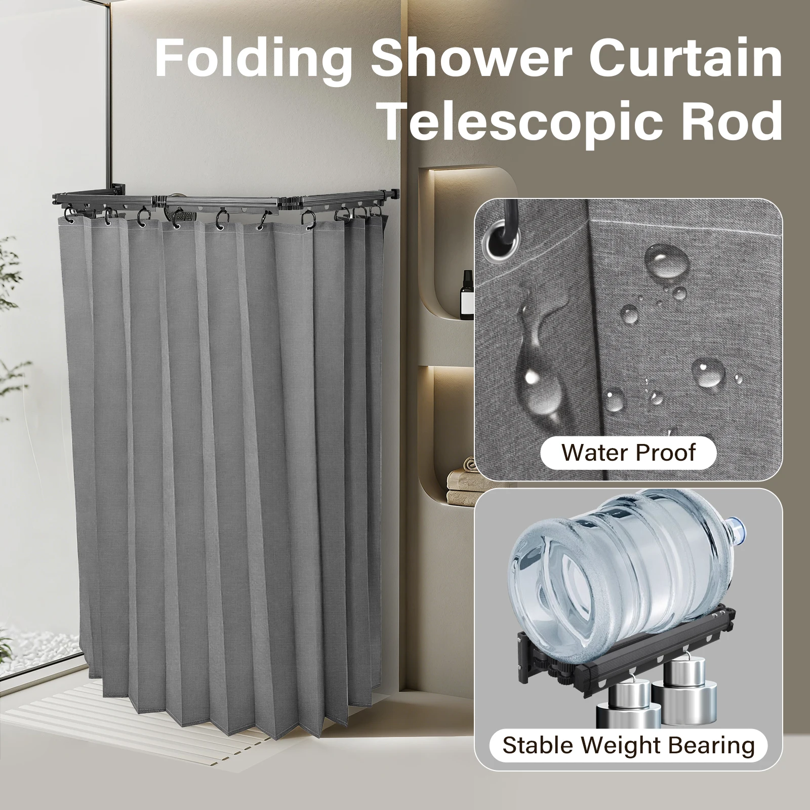 Faltbare Duschvorhangstange mit 4-fachem Scharnier, wandmontiertes, winkelverstellbares Duschvorhangstangen-Set 180x180 CM, wasserdichter Stoff, bohrfreie Installation für Badezimmer, Badewanne,