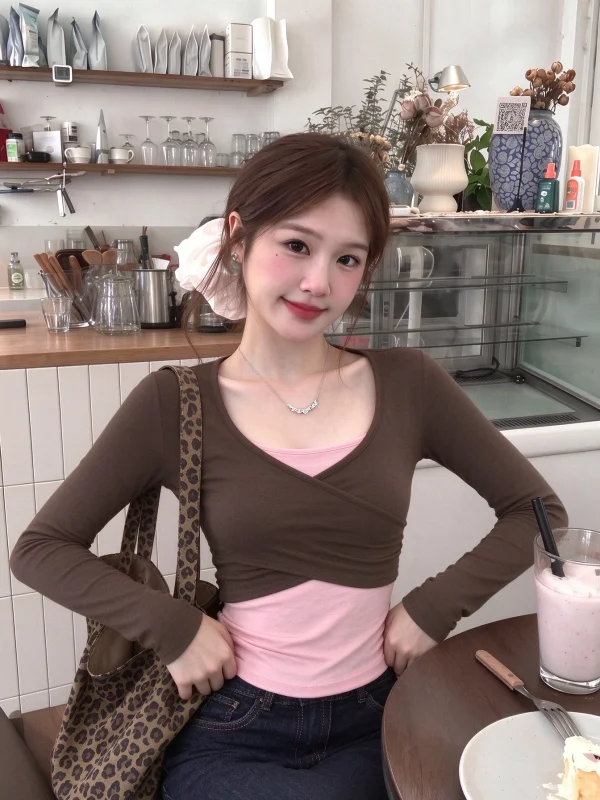 Korean Style Long Sleeve V-Neck T-Shirt Women's Autumn Slimming Base Shirt Tube Top Overlap Upper Body Two-Piece Set Casual Wear