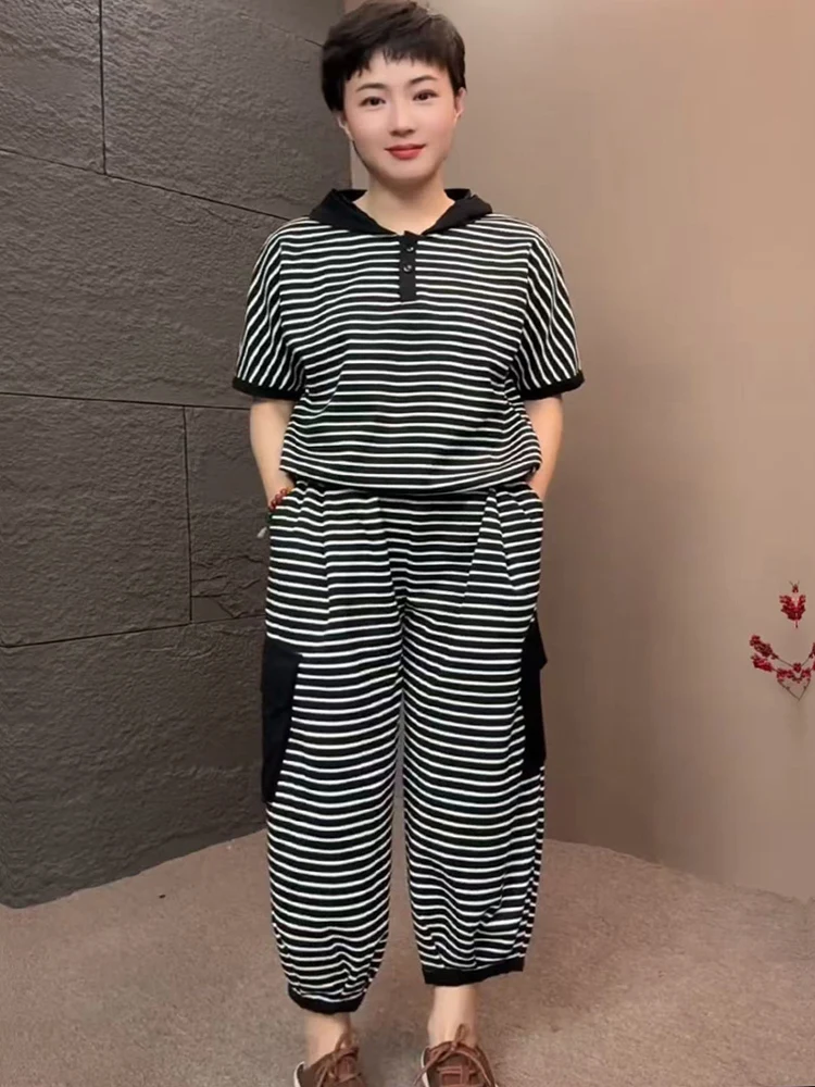 

Summer Fashion Striped Set Women's Loose Comfortable Nine-Piece Pants Casual Two-Piece Set Slimming Anti-Aging Breathable