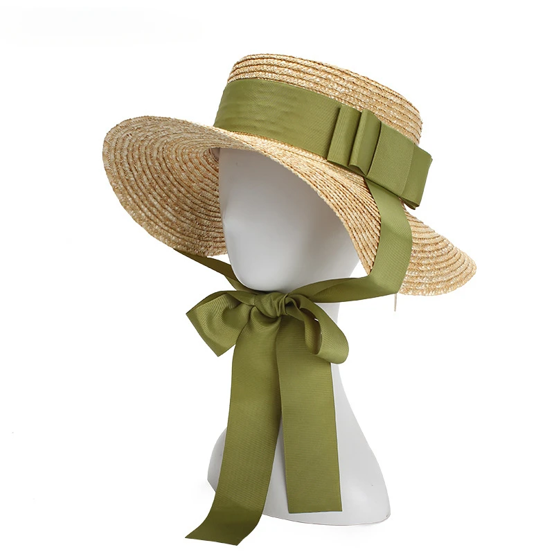 Stylish Green Butterfly-Knot Straw Sun Hat for Women, Perfect for Spring and Summer Beach Vacation