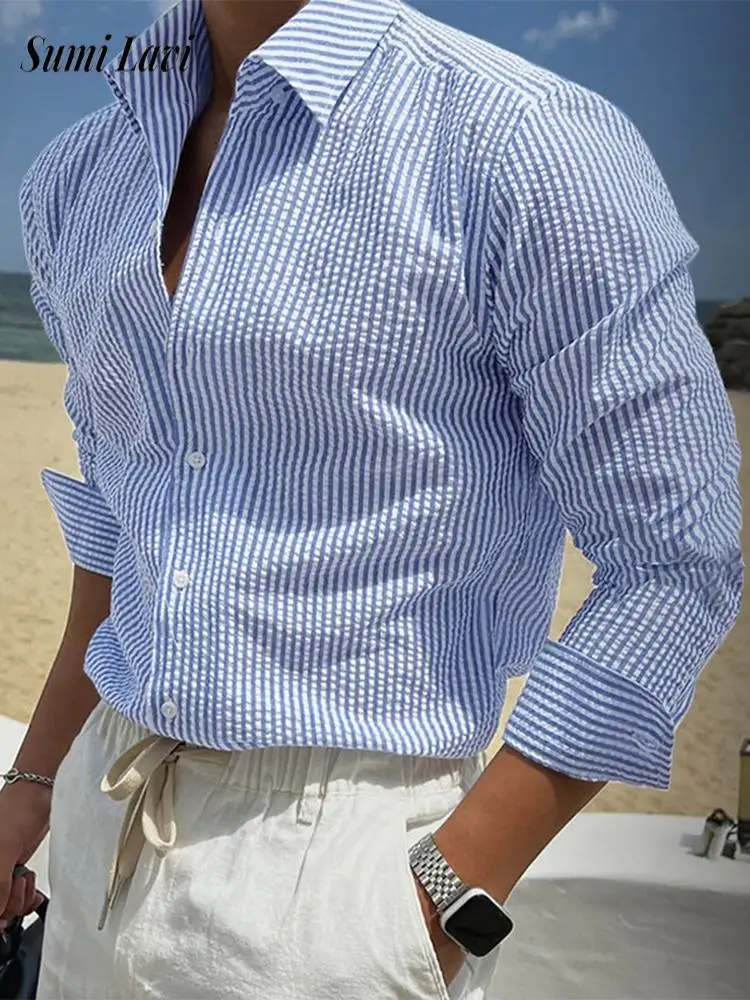 

2025 Summer Mens New Casual Shirts Turn-down Collar Buttoned Long Sleeve Cardigan Tops Vintage Striped Breathable Men Shirt Tops