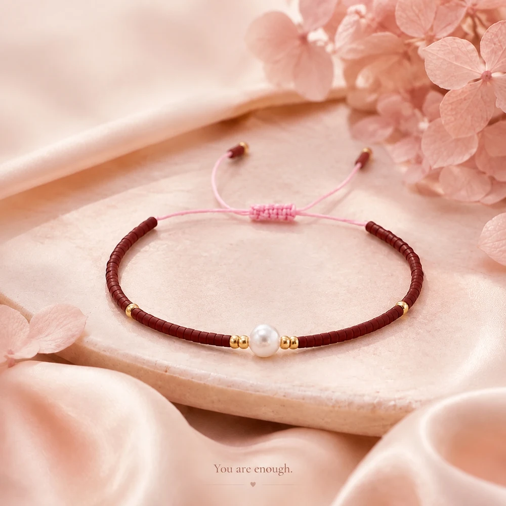 1pc Bohemian Round Glass Beaded Strand Bracelet Adjustable Lace-Up Closure with Pink Cord Red Beads and White Center Bead