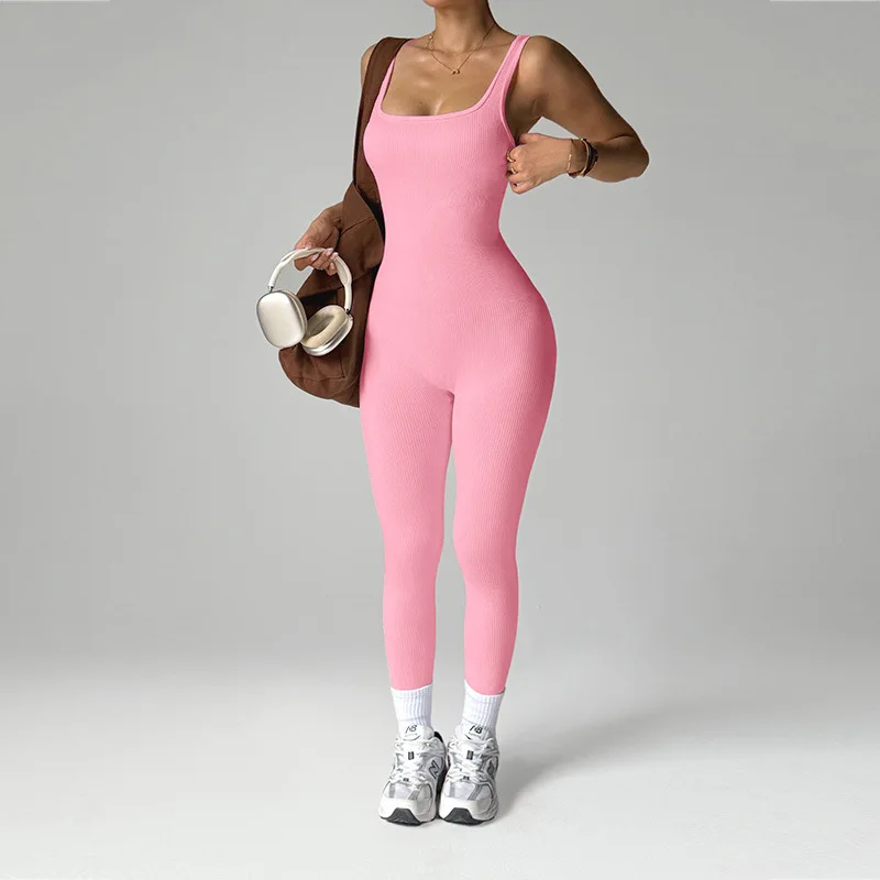 Women's One Piece Fitness Jumpsuits Seamless Slim Tracksuit High Elastic Gym Workout Bodysuit Ribbed Knited Hip Lift Jumpsuits