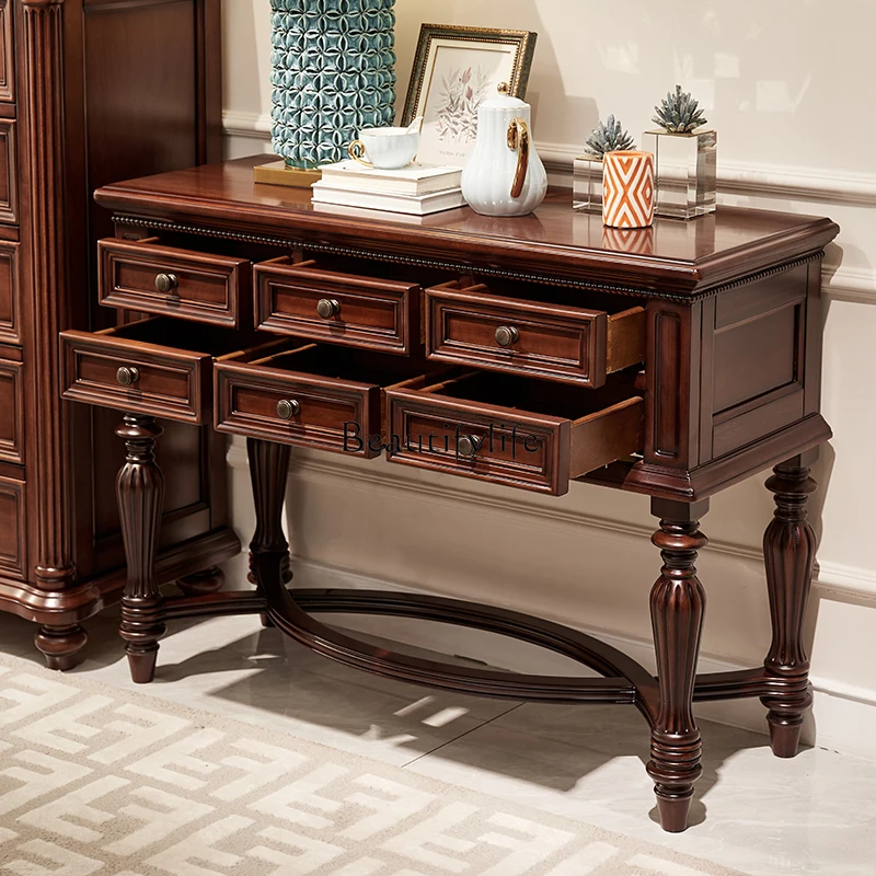 American black walnut porch table, locker, medieval storage against the wall, solid wood aisle cabinet