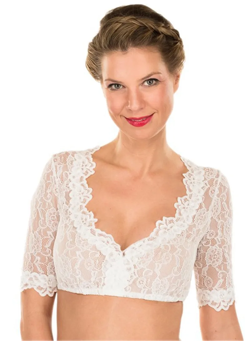 Women Bavarian Style Oktoberfest Traditional Dirndl Blouse Beer Garden Crop Tops Lace Shirts