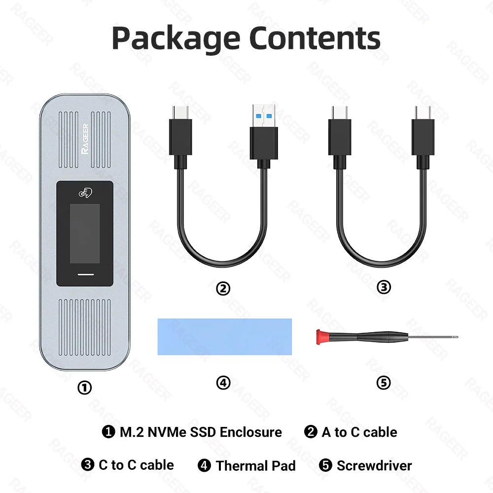 RAGEER Visual Smart M.2 NVMe 2280, adaptor USB-C aluminium dengan kecepatan Transfer Data 10Gbps untuk penyimpanan SSD eksternal.