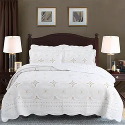 Embroidered Bedspread on the Bed, Cotton Quilt Set, White Bed Cover, Queen and King Size, Home Quilted Blanket in Bedroom, 3 PCs