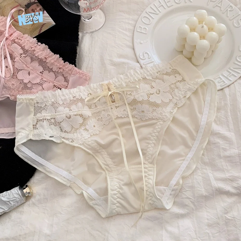 

Comfortable Low Waist Mesh Lace Panties Sweet Lingerie Underwear for Women French Style Ruffle Lace Bow Briefs Female